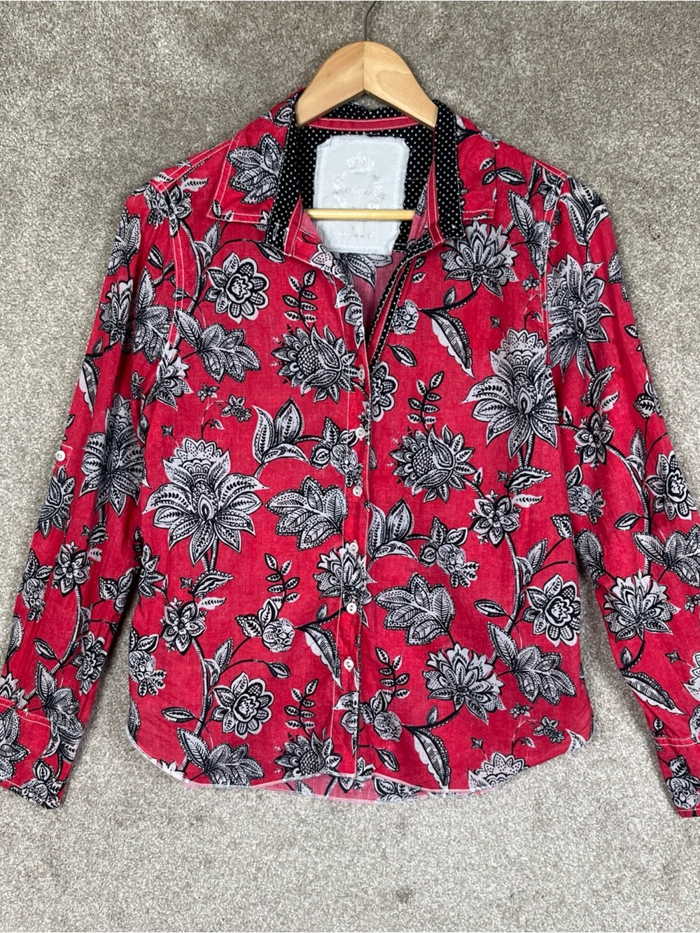 Cino Shirt Womens Small Petite Red Floral Cotton Long Sleeve Button Front- 4838